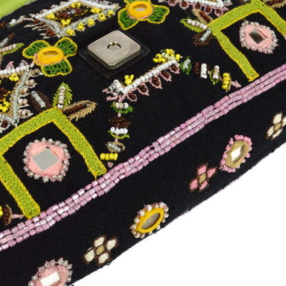 Fendi Black Embroidery Beaded Fringe Baguette Handbag