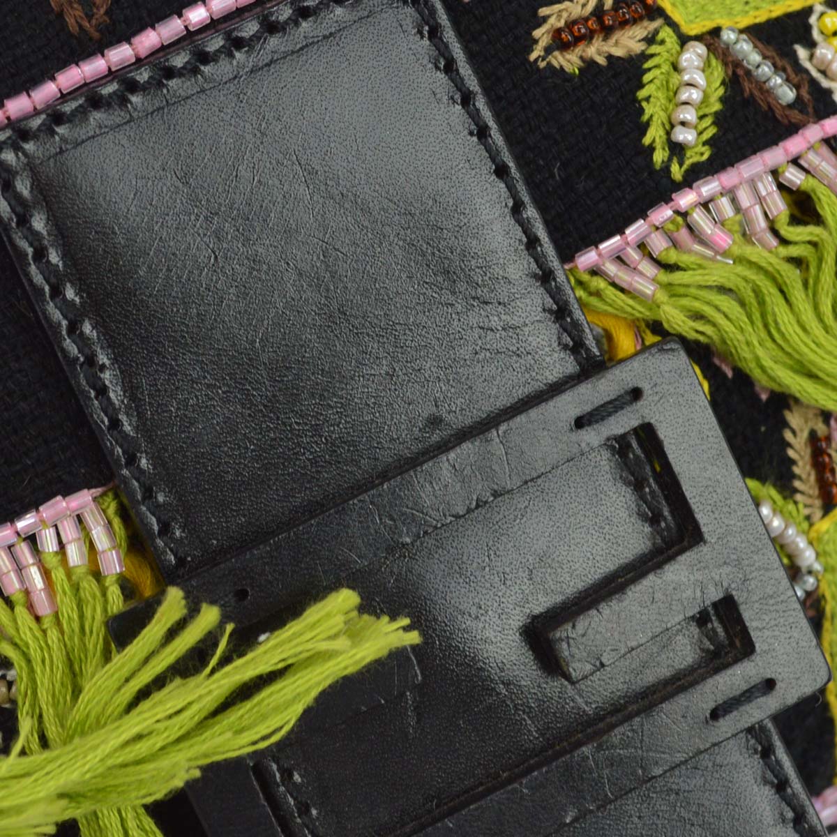 Fendi Black Embroidery Beaded Fringe Baguette Handbag