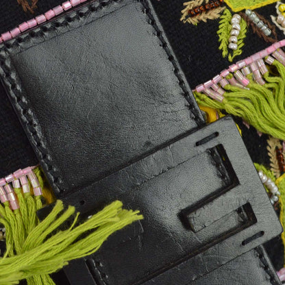 Fendi Black Embroidery Beaded Fringe Baguette Handbag