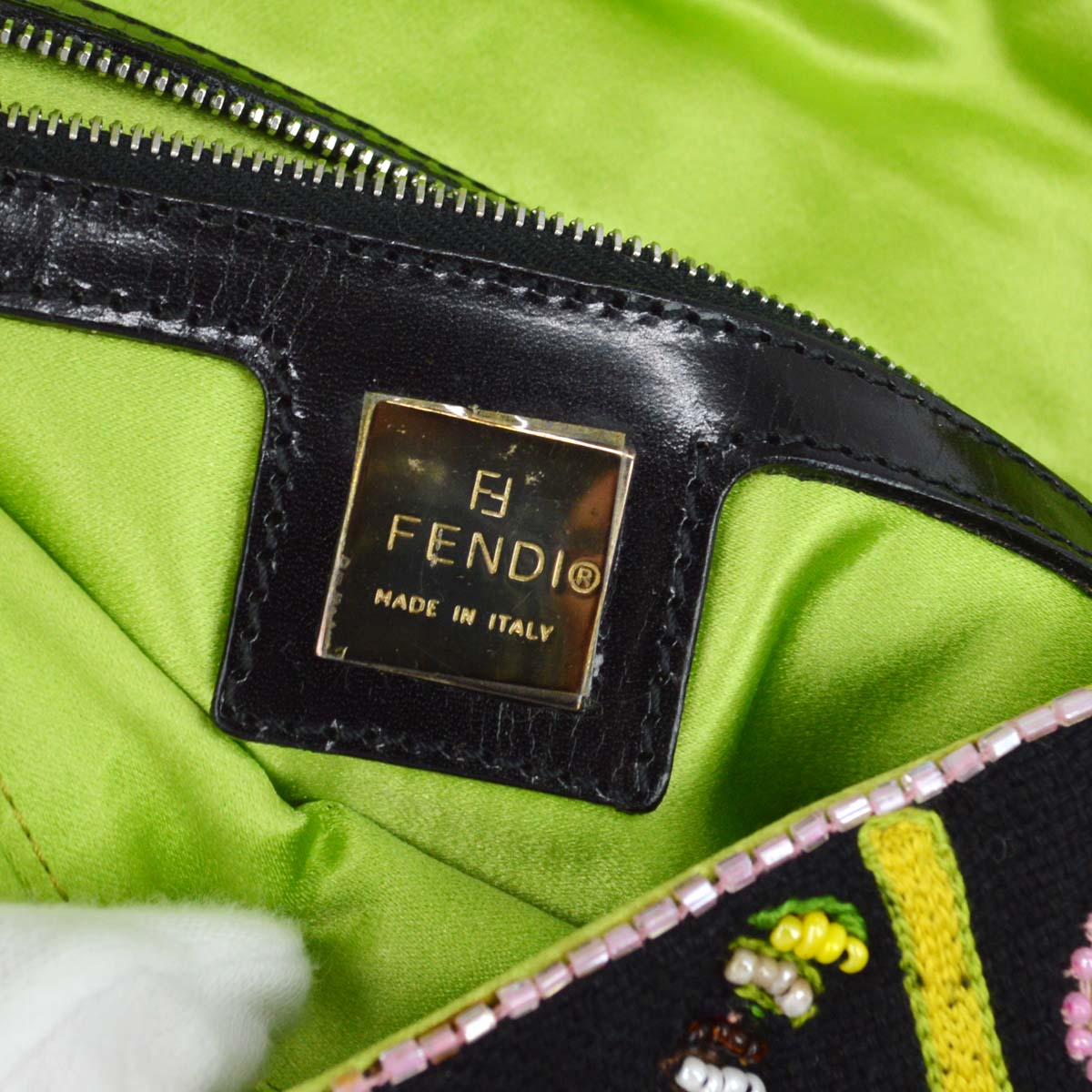 Fendi Black Embroidery Beaded Fringe Baguette Handbag