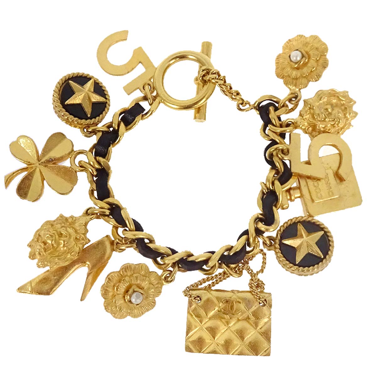 Chanel Icon Gold Chain Bracelet Costume Pearl Leather 95A