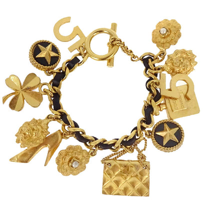 Chanel Icon Gold Chain Bracelet Costume Pearl Leather 95A