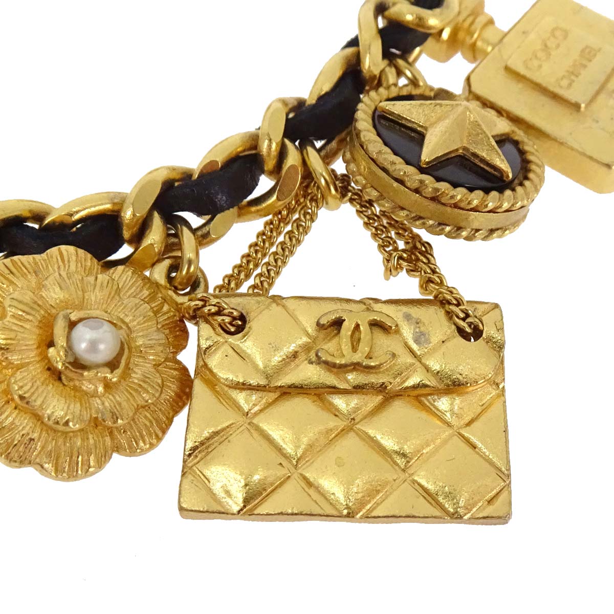 Chanel Icon Gold Chain Bracelet Costume Pearl Leather 95A
