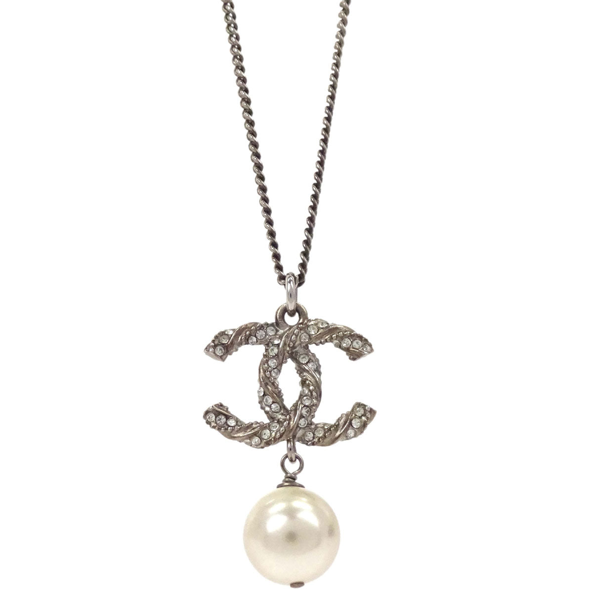 Chanel Rhinestone Costume Pearl Gold CC Pendant Necklace C14V