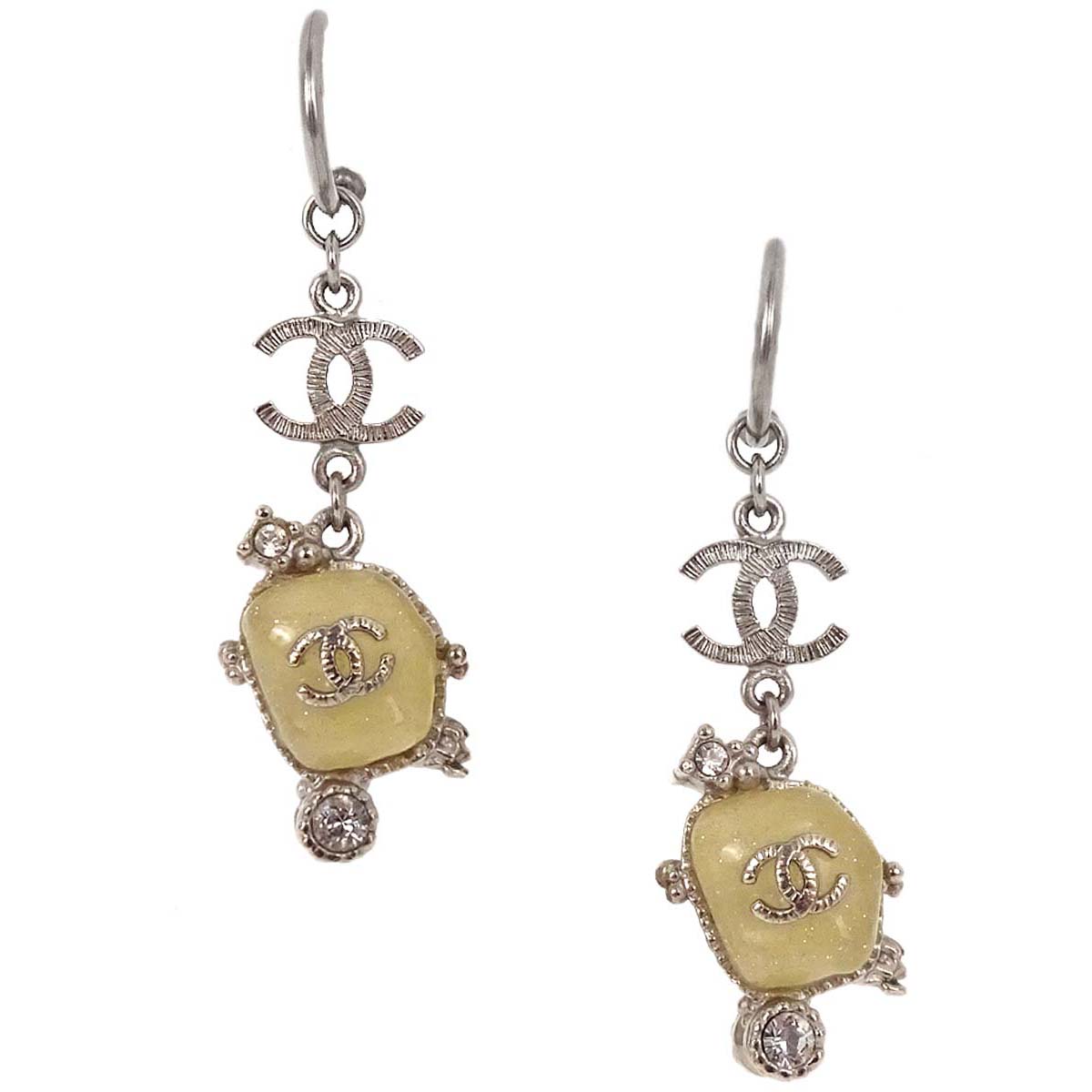 Chanel CC Dangle Pierced Earrings Silver Rhinestone 10A
