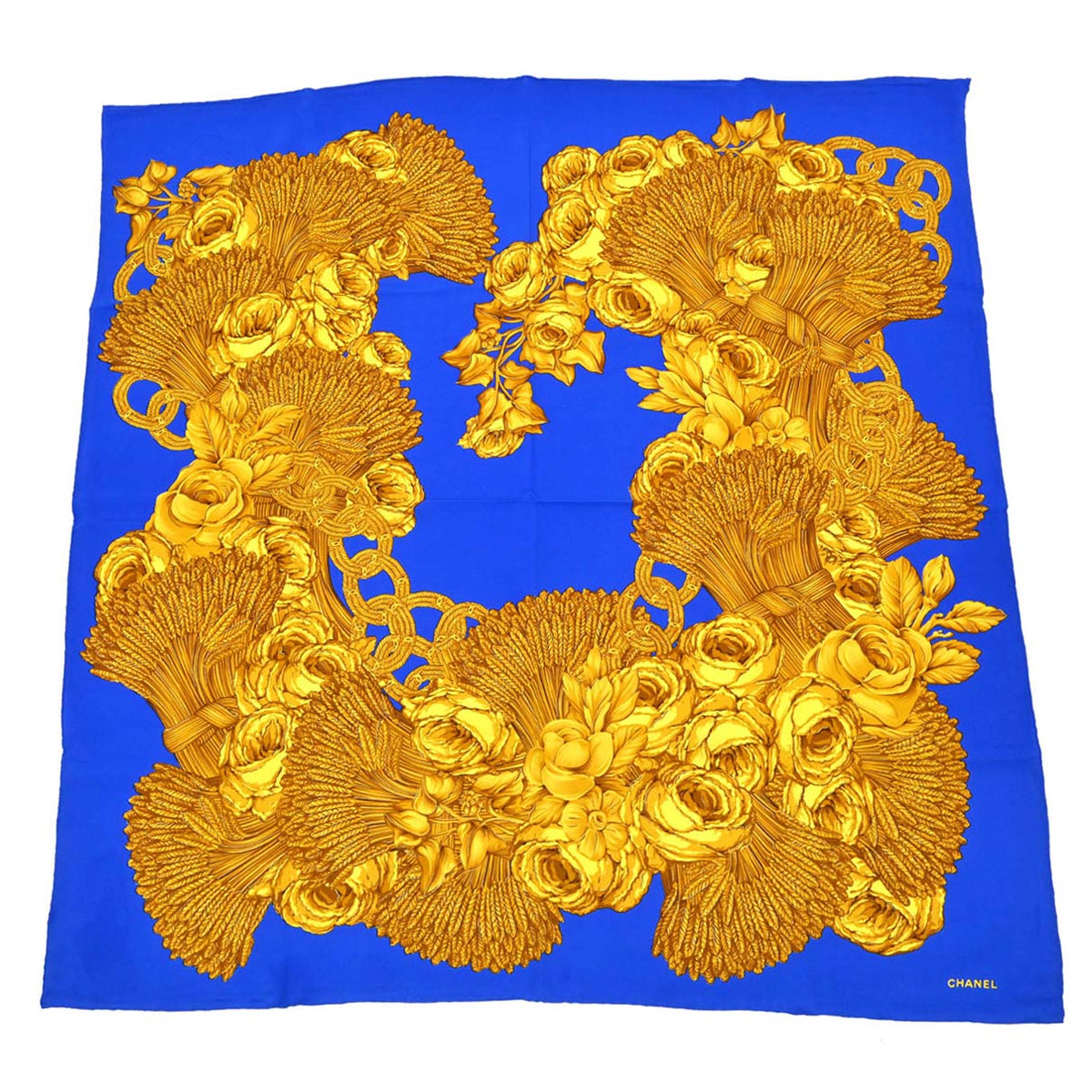 Chanel Blue Gold Camellia Chain Scarf Small Good