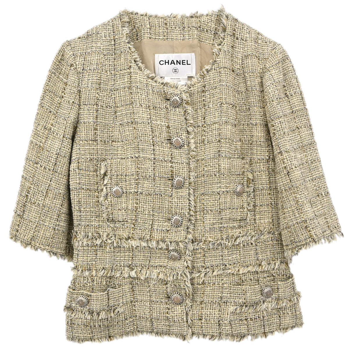 Chanel 2010 Collarless Jacket Tweed Beige #38