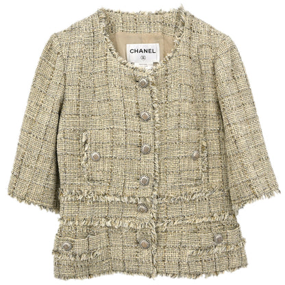 Chanel 2010 Collarless Jacket Tweed Beige #38
