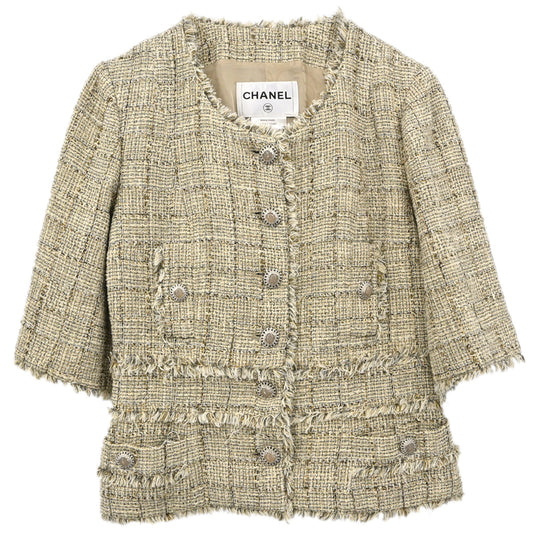 Chanel 2010 Collarless Jacket Tweed Beige #38