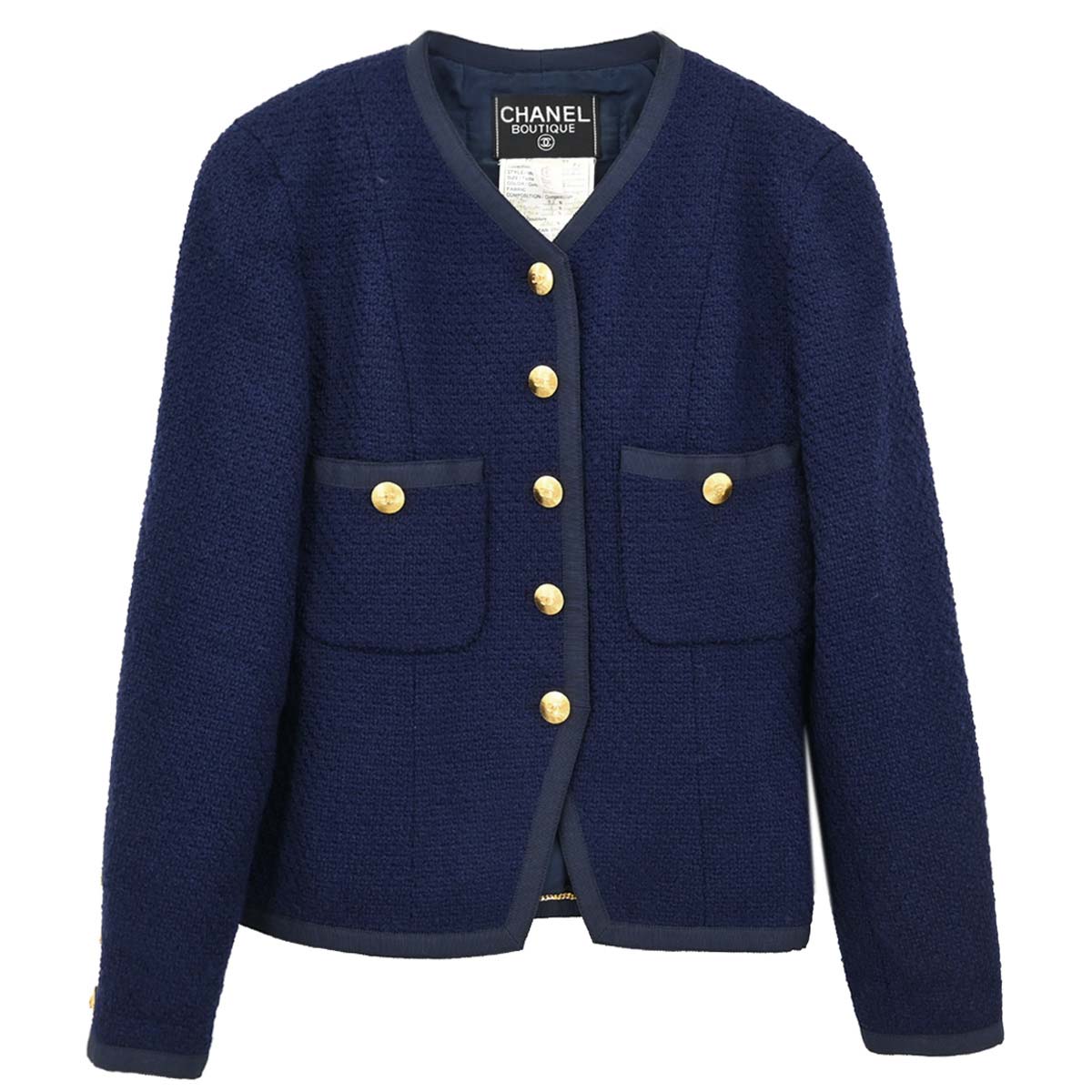 Chanel Collarless Tweed Jacket Navy #38