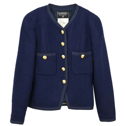 Chanel Collarless Tweed Jacket Navy #38