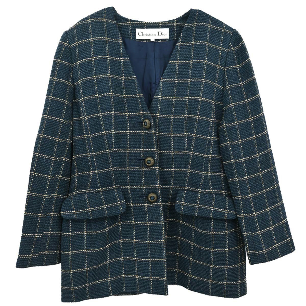 Christian Dior Tweed Collarless Jacket Navy #L
