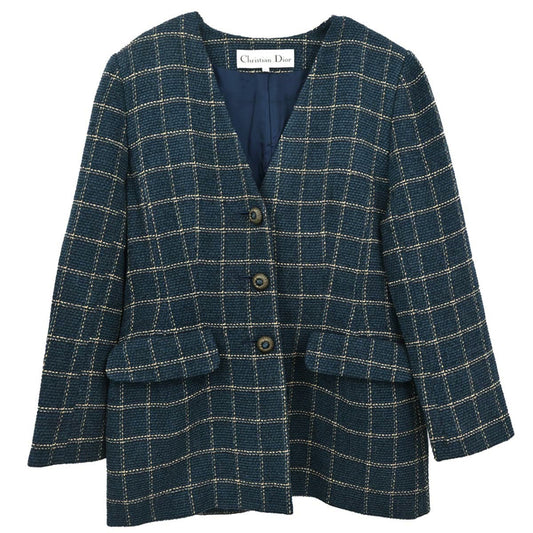 Christian Dior Tweed Collarless Jacket Navy #L