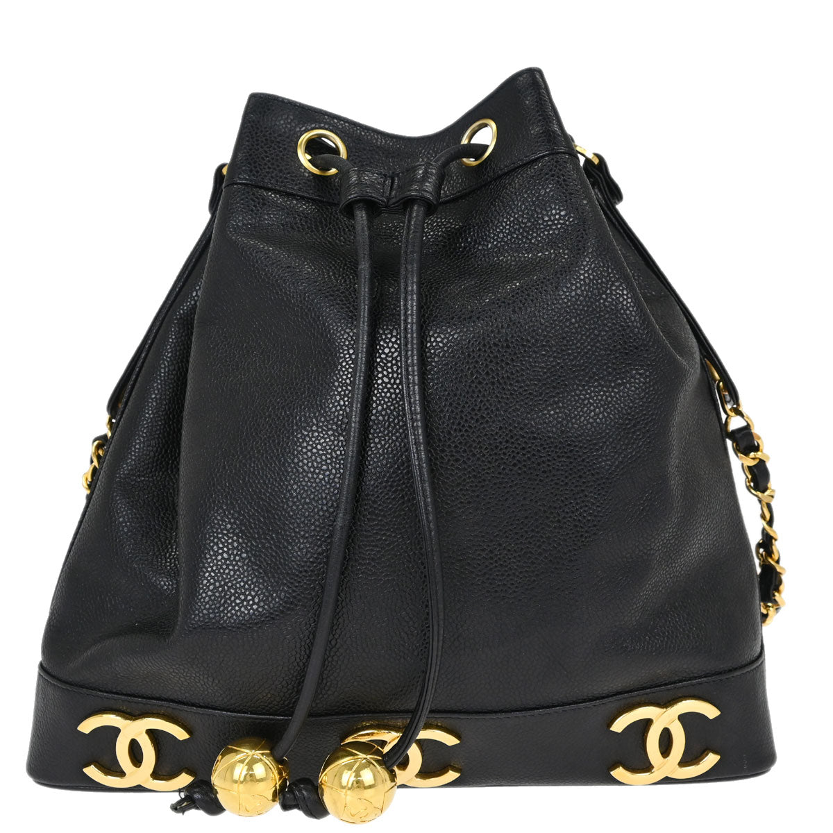 Chanel Black Caviar Skin Triple CC Drawstring Shoulder Bag