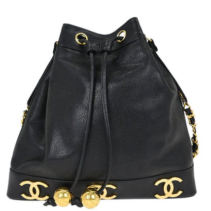 Chanel Black Caviar Skin Triple CC Drawstring Shoulder Bag