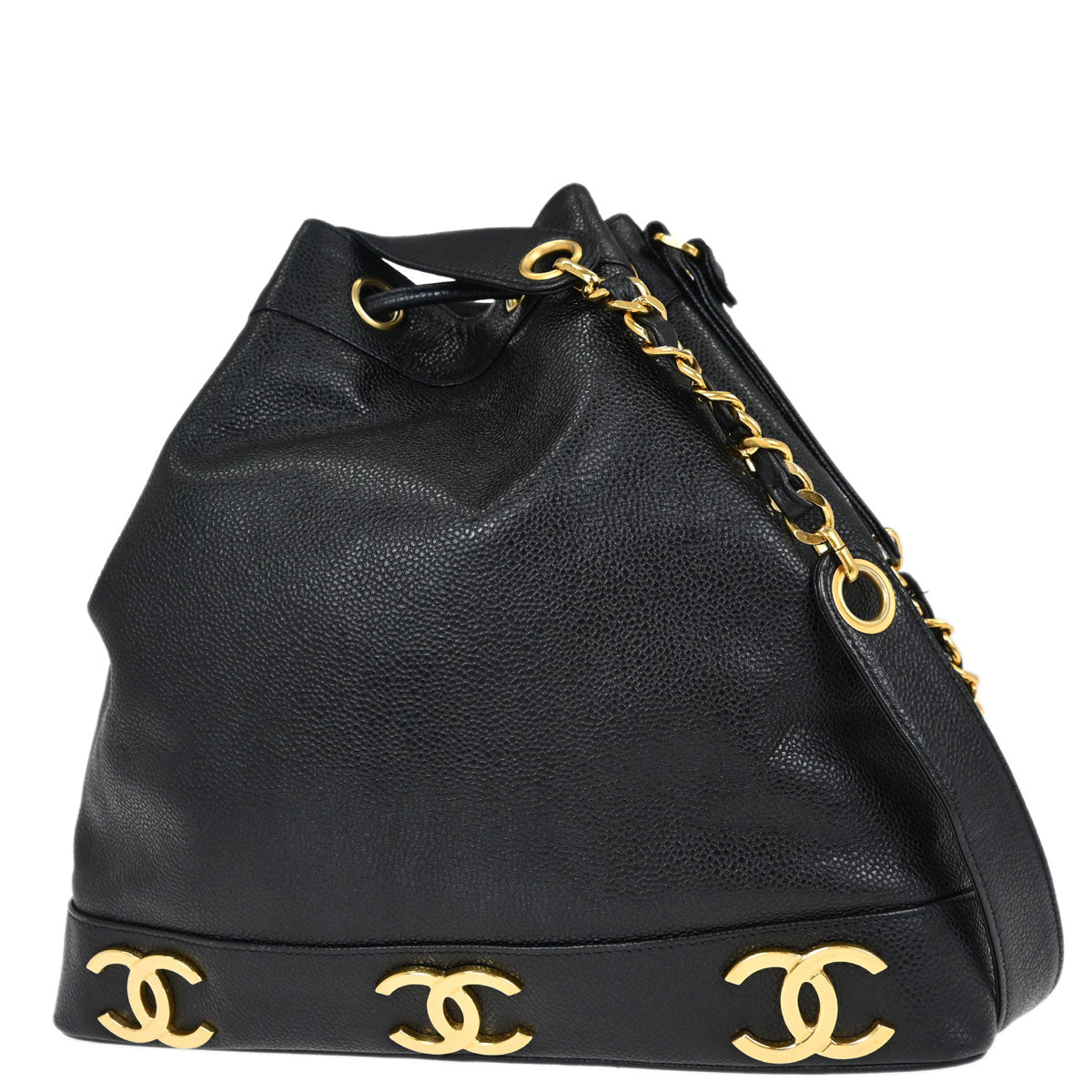 Chanel Black Caviar Skin Triple CC Drawstring Shoulder Bag
