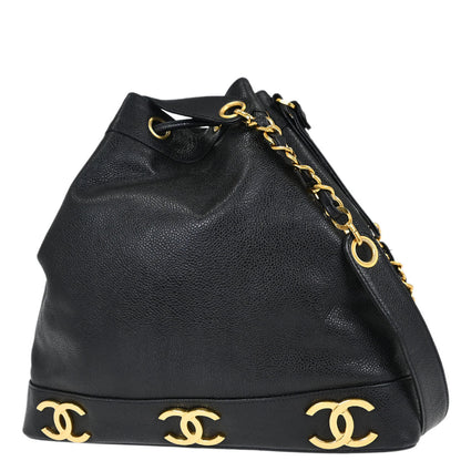 Chanel Black Caviar Skin Triple CC Drawstring Shoulder Bag