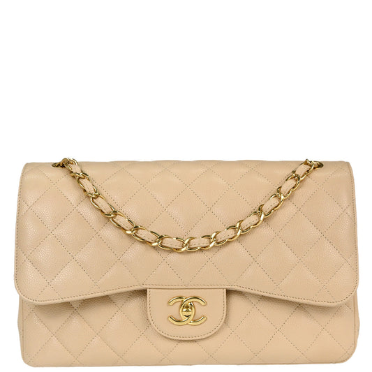 Chanel Beige Caviar Skin Jumbo Classic Double Flap Shoulder Bag
