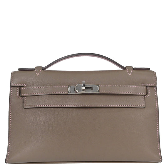 Hermes Etoupe Gray Pink Swift Verso Kelly Pochette Handbag