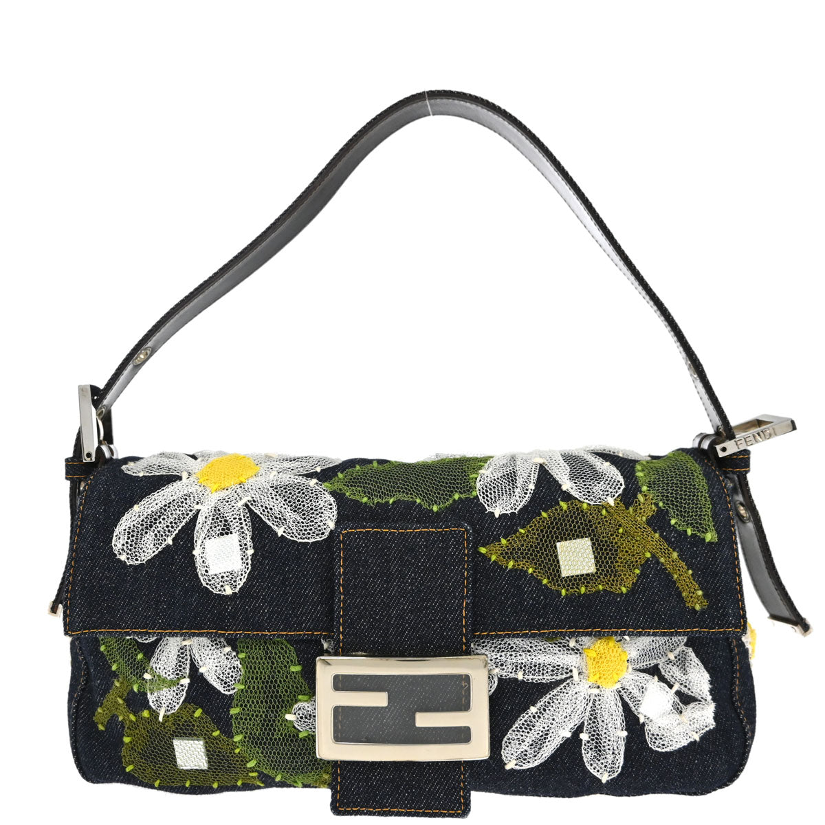 Fendi Navy Denim Floral Embroidery Baguette Handbag