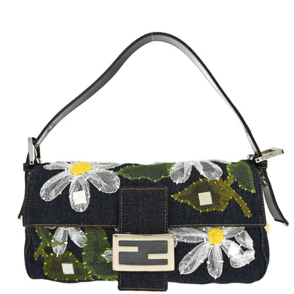 Fendi Navy Denim Floral Embroidery Baguette Handbag