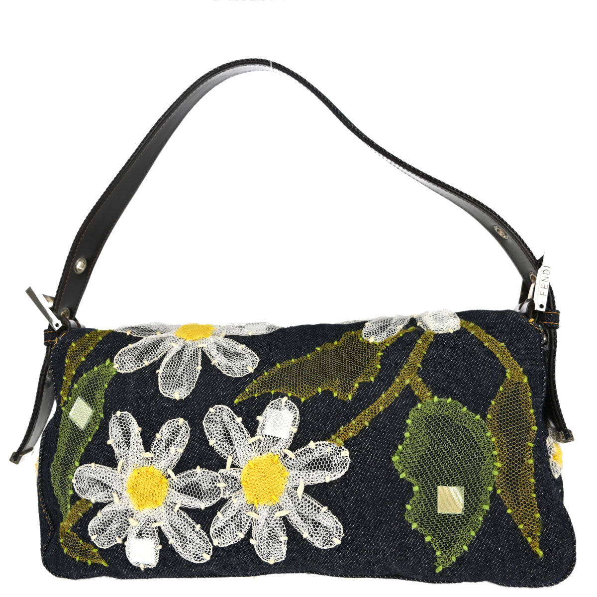 Fendi Navy Denim Floral Embroidery Baguette Handbag
