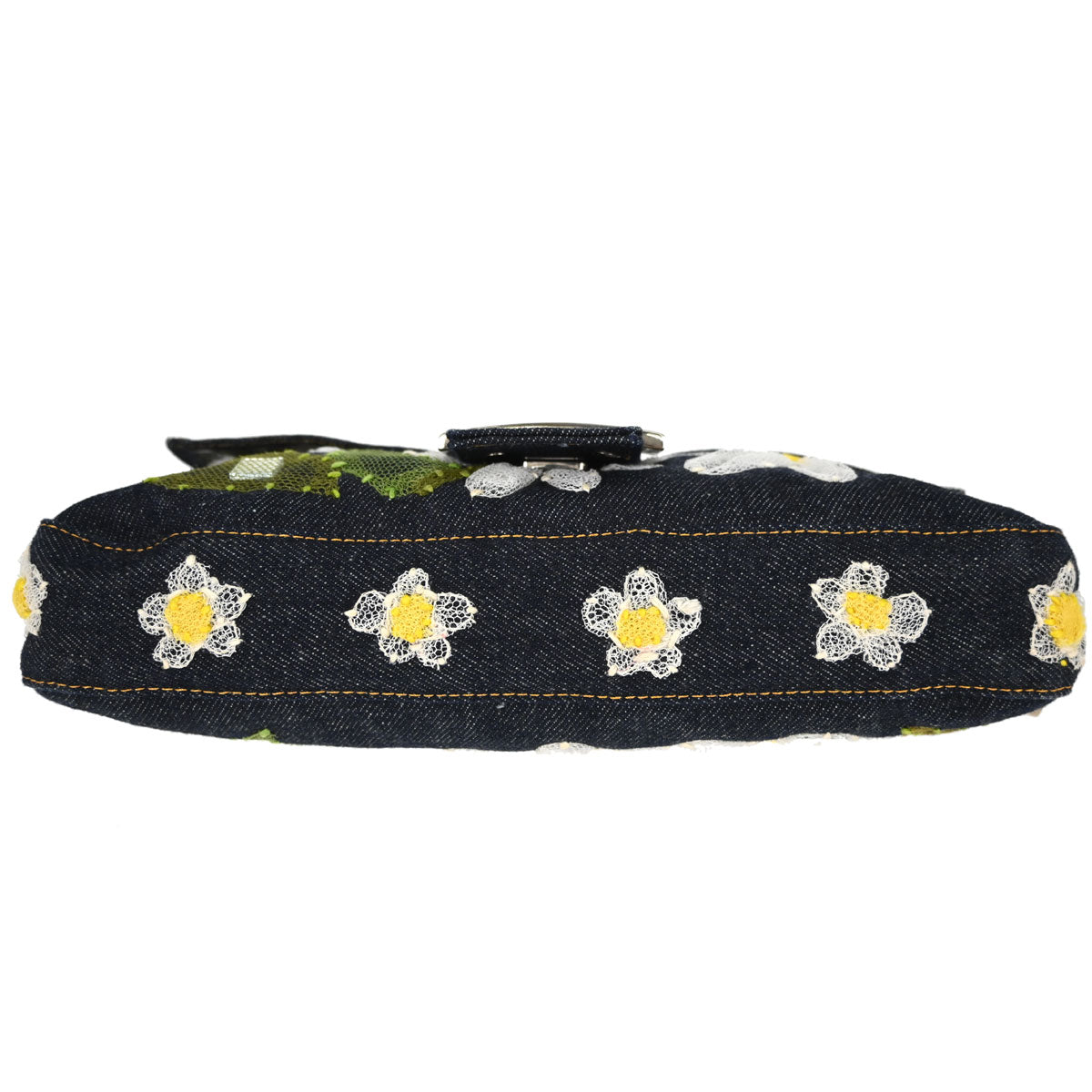 Fendi Navy Denim Floral Embroidery Baguette Handbag