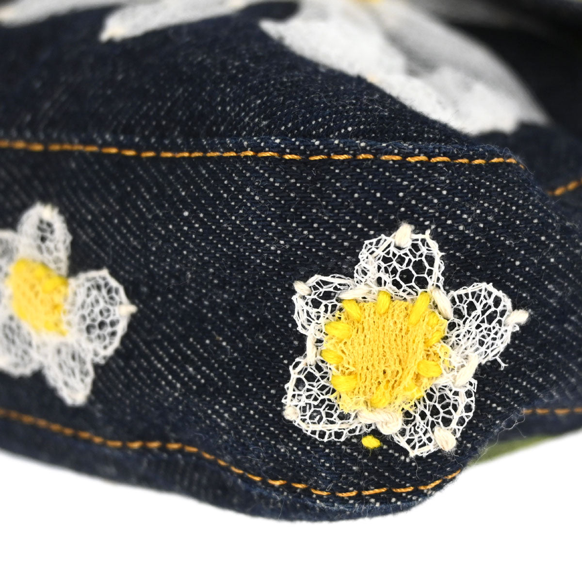 Fendi Navy Denim Floral Embroidery Baguette Handbag