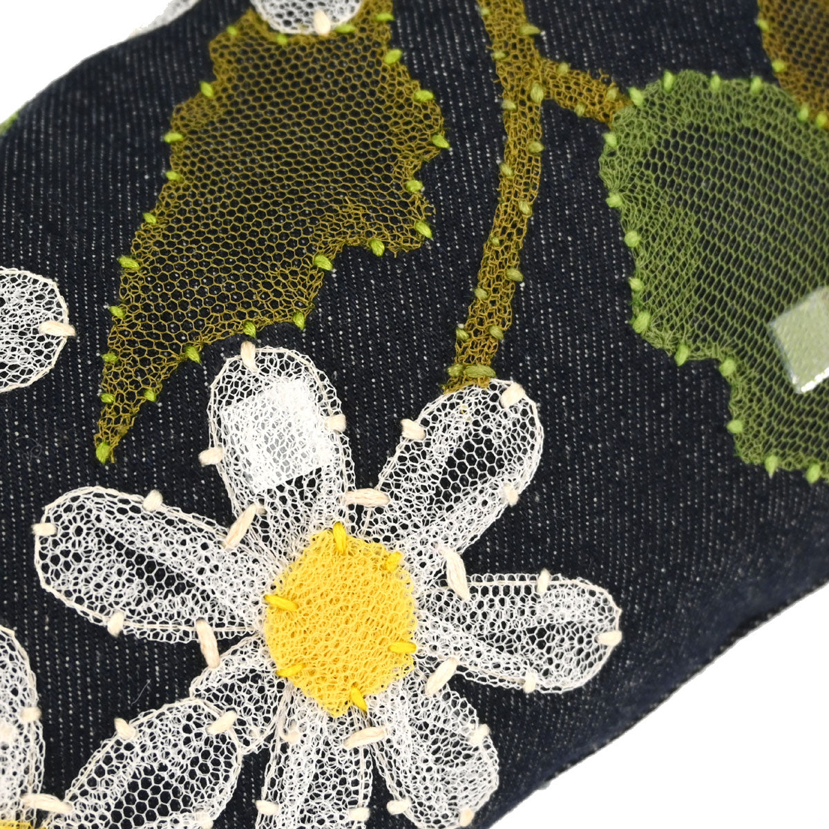 Fendi Navy Denim Floral Embroidery Baguette Handbag