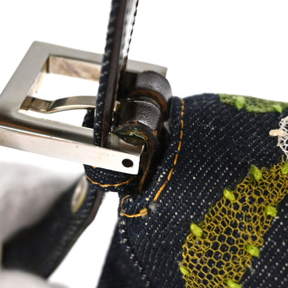 Fendi Navy Denim Floral Embroidery Baguette Handbag