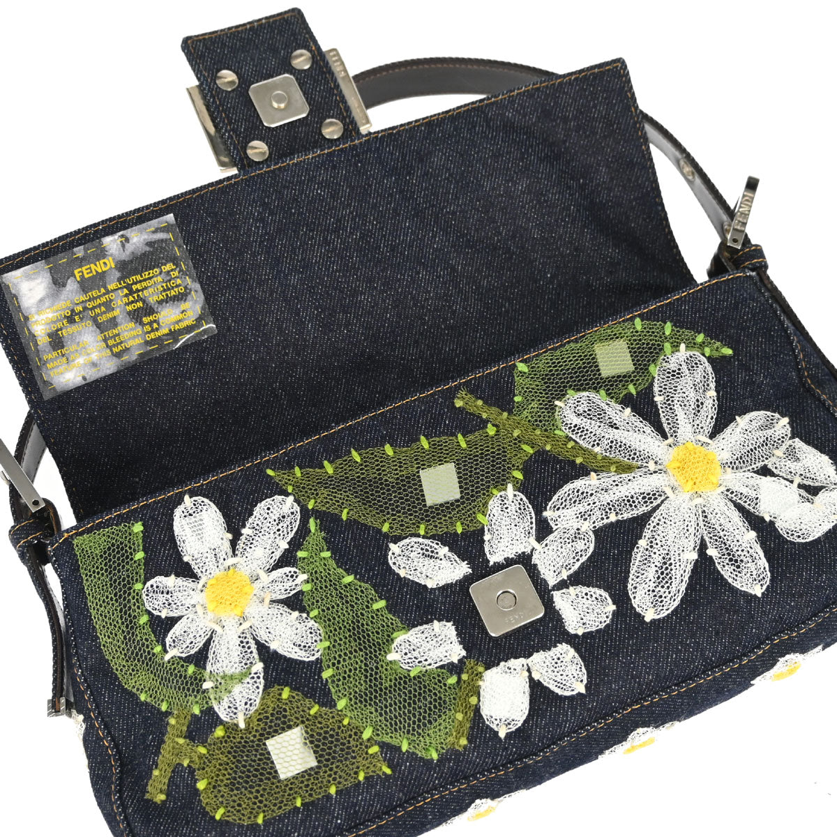 Fendi Navy Denim Floral Embroidery Baguette Handbag