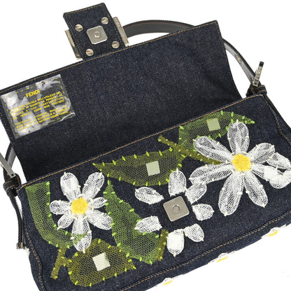 Fendi Navy Denim Floral Embroidery Baguette Handbag