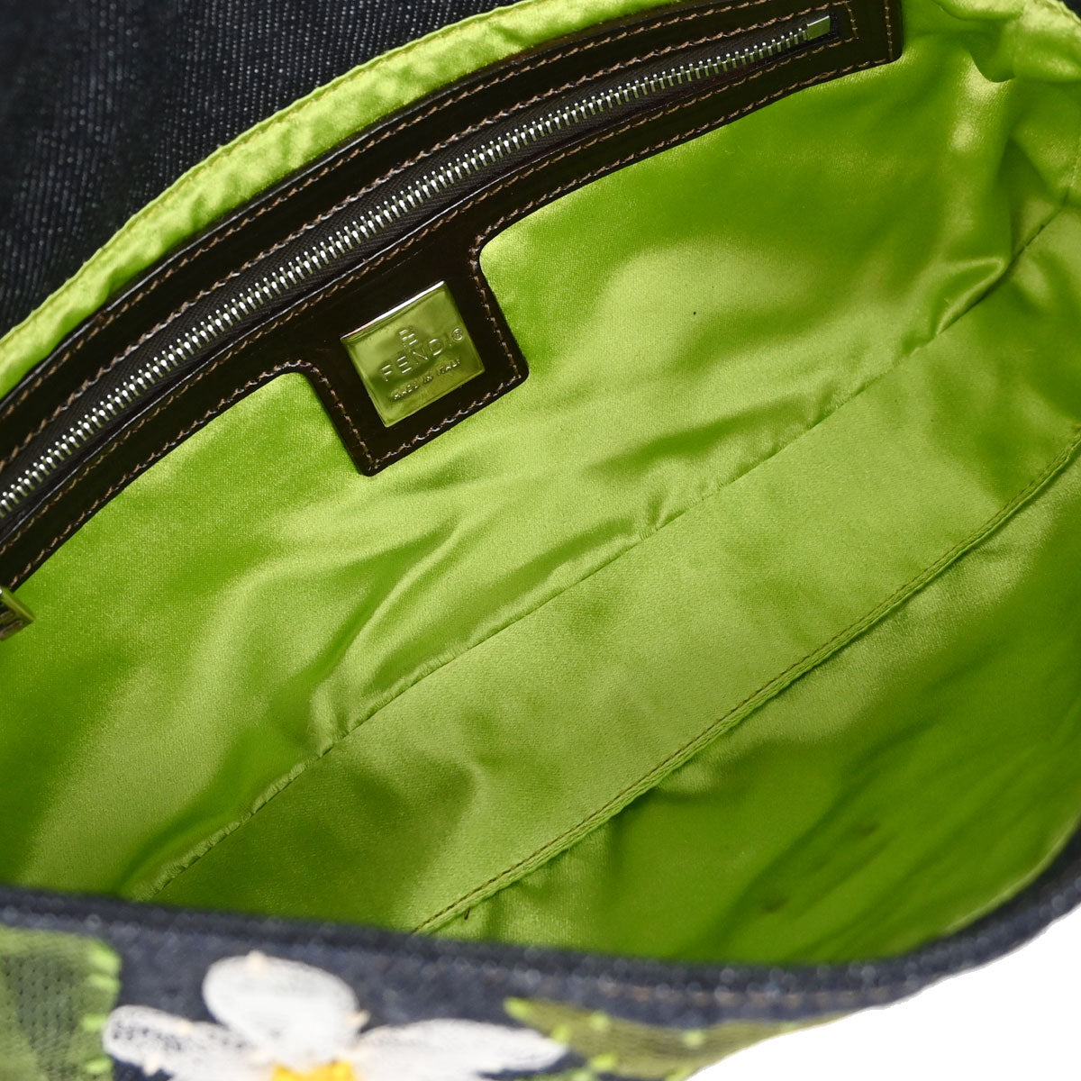 Fendi Navy Denim Floral Embroidery Baguette Handbag