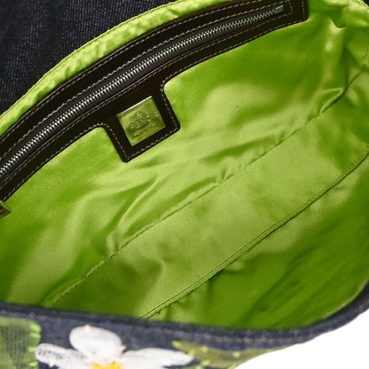 Fendi Navy Denim Floral Embroidery Baguette Handbag