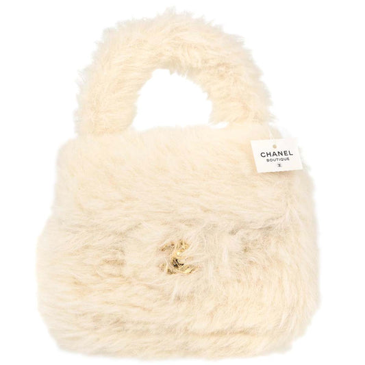 Chanel White Rabbit Fur Classic Flap Micro Handbag