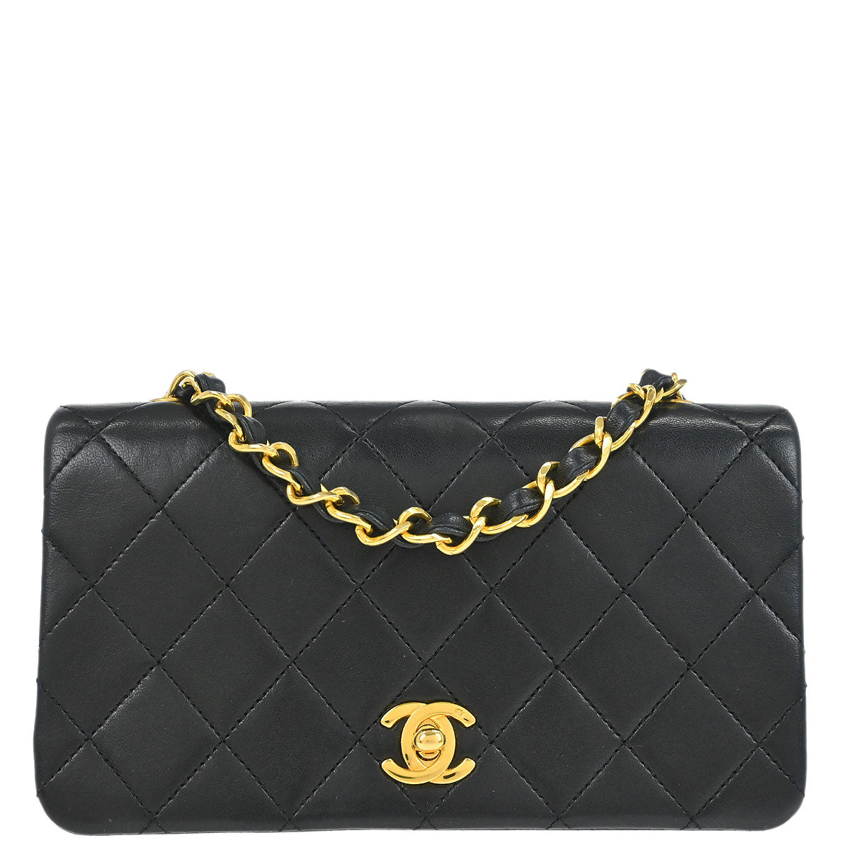 Chanel 1989-1991 Black Lambskin Turnlock Mini Full Flap Shoulder Bag