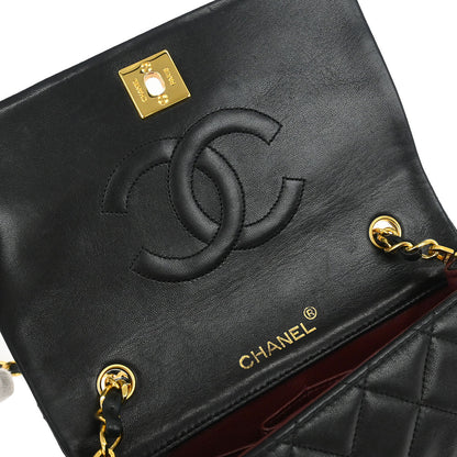 Chanel 1989-1991 Black Lambskin Turnlock Mini Full Flap Shoulder Bag