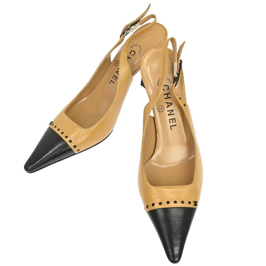 Chanel * Beige Black Leather Pumps Shoes #37