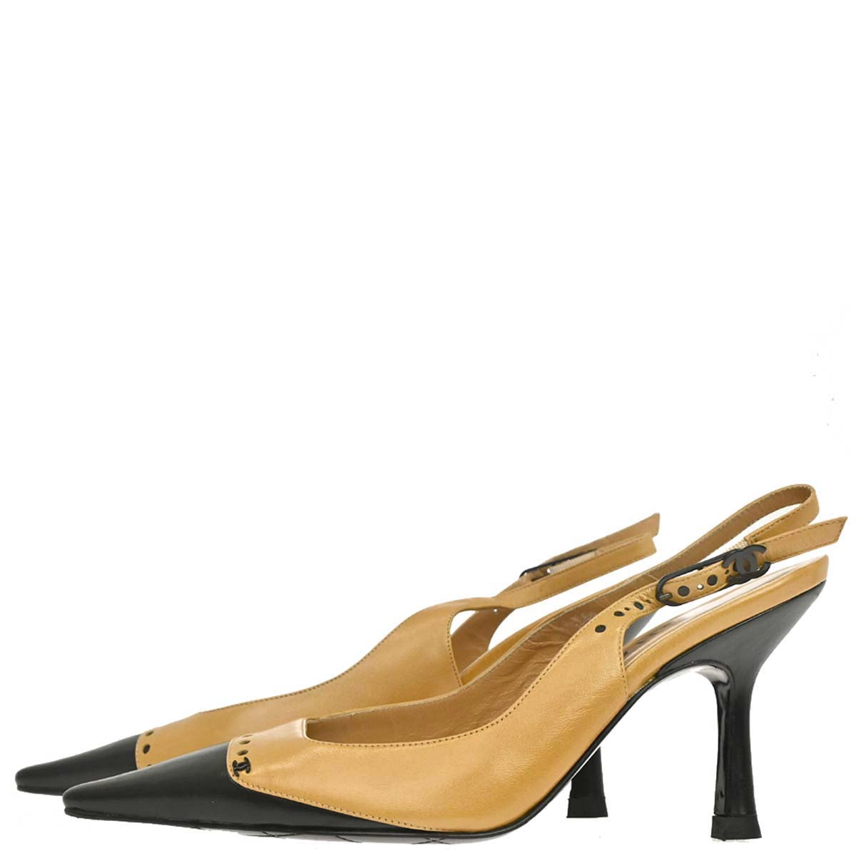 Chanel * Beige Black Leather Pumps Shoes #37