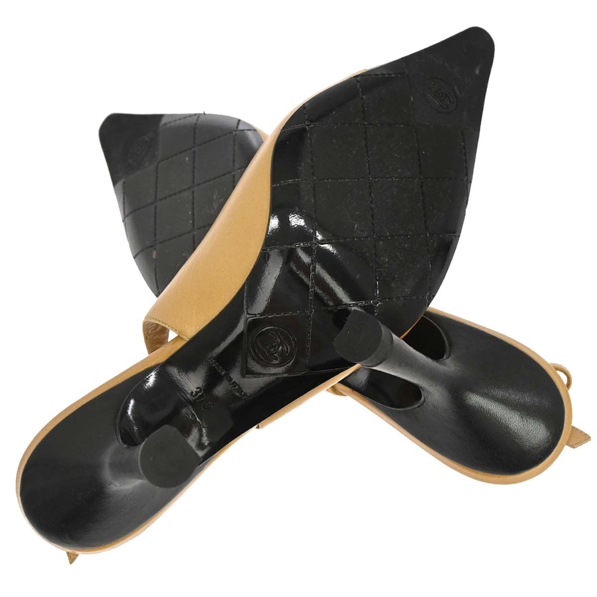 Chanel * Beige Black Leather Pumps Shoes #37