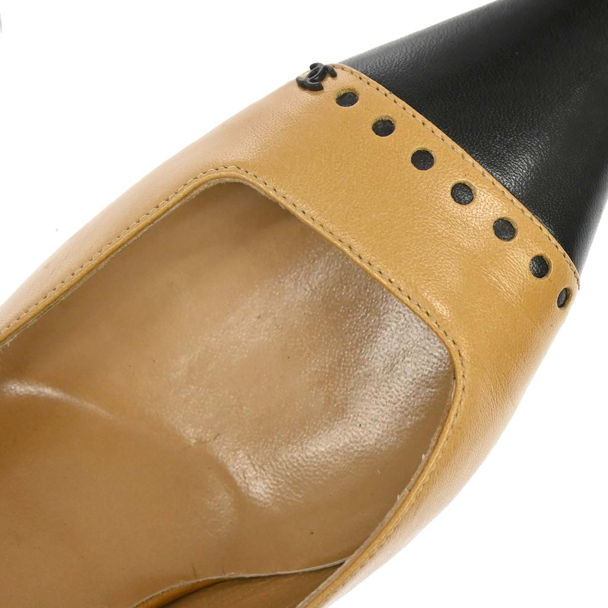Chanel * Beige Black Leather Pumps Shoes #37