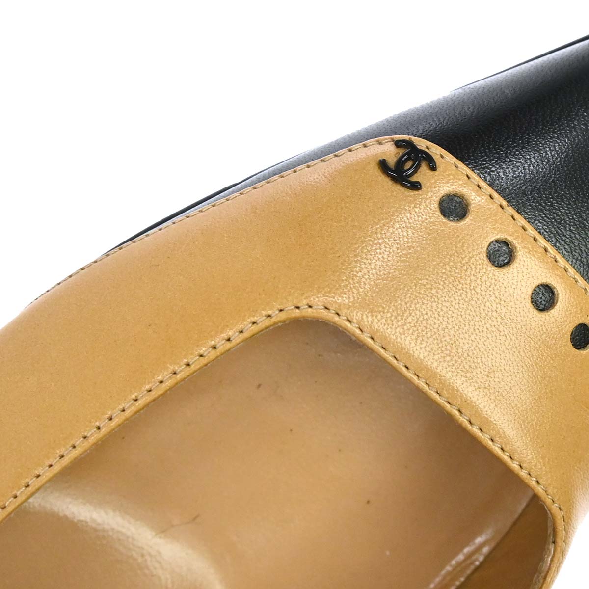 Chanel * Beige Black Leather Pumps Shoes #37