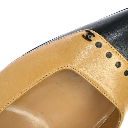 Chanel * Beige Black Leather Pumps Shoes #37