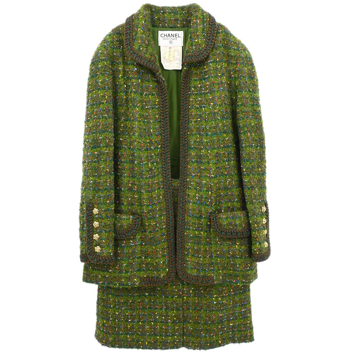 Chanel 1990 Setup Suit Jacket Skirt Tweed Green  #36