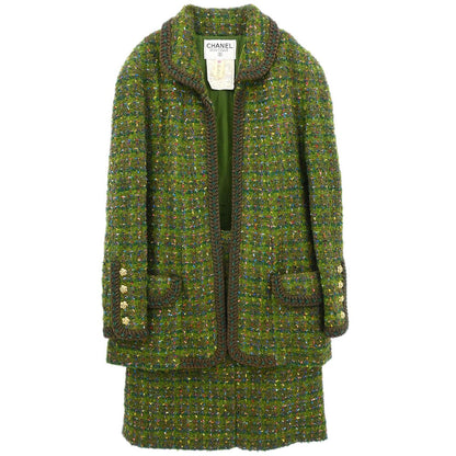 Chanel 1990 Setup Suit Jacket Skirt Tweed Green  #36