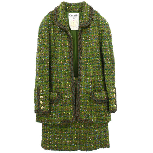 Chanel 1990 Setup Suit Jacket Skirt Tweed Green  #36