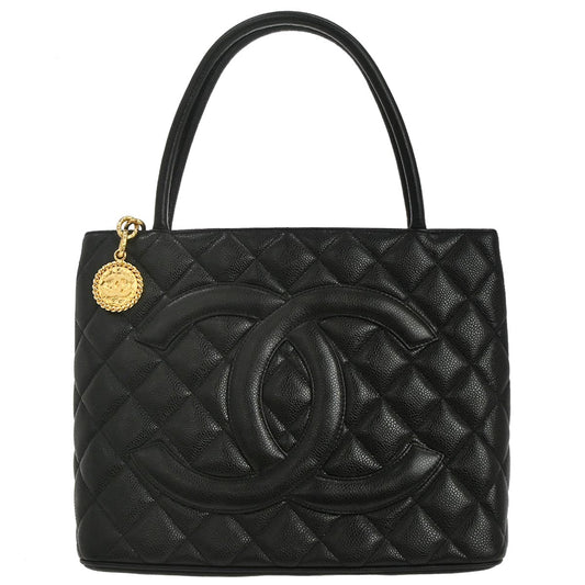 Chanel 2002-2003 Black Caviar Skin Medallion Tote Handbag