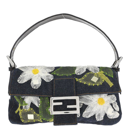 Fendi Navy Denim Floral Baguette Handbag