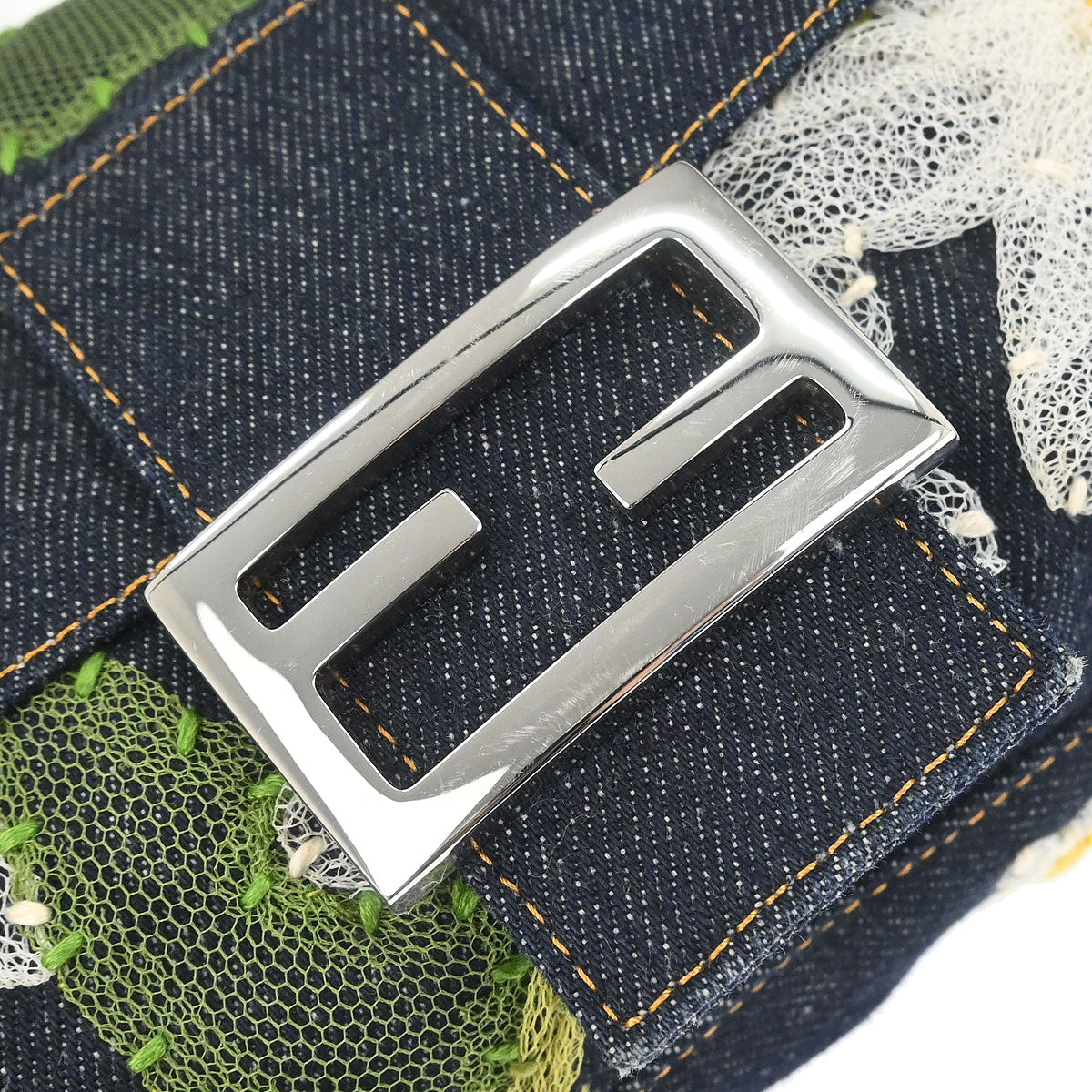 Fendi Navy Denim Floral Baguette Handbag