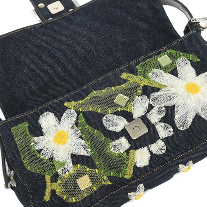 Fendi Navy Denim Floral Baguette Handbag